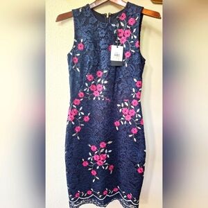 NWT DKNY Womens Embroidered Lace Sleeveless Floral Navy/Pink Dress Size 2